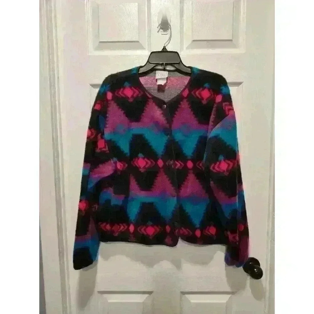 Vintage 80s Aztec‎ Tribal Cardigan David Wayne Fleece Sweater Large